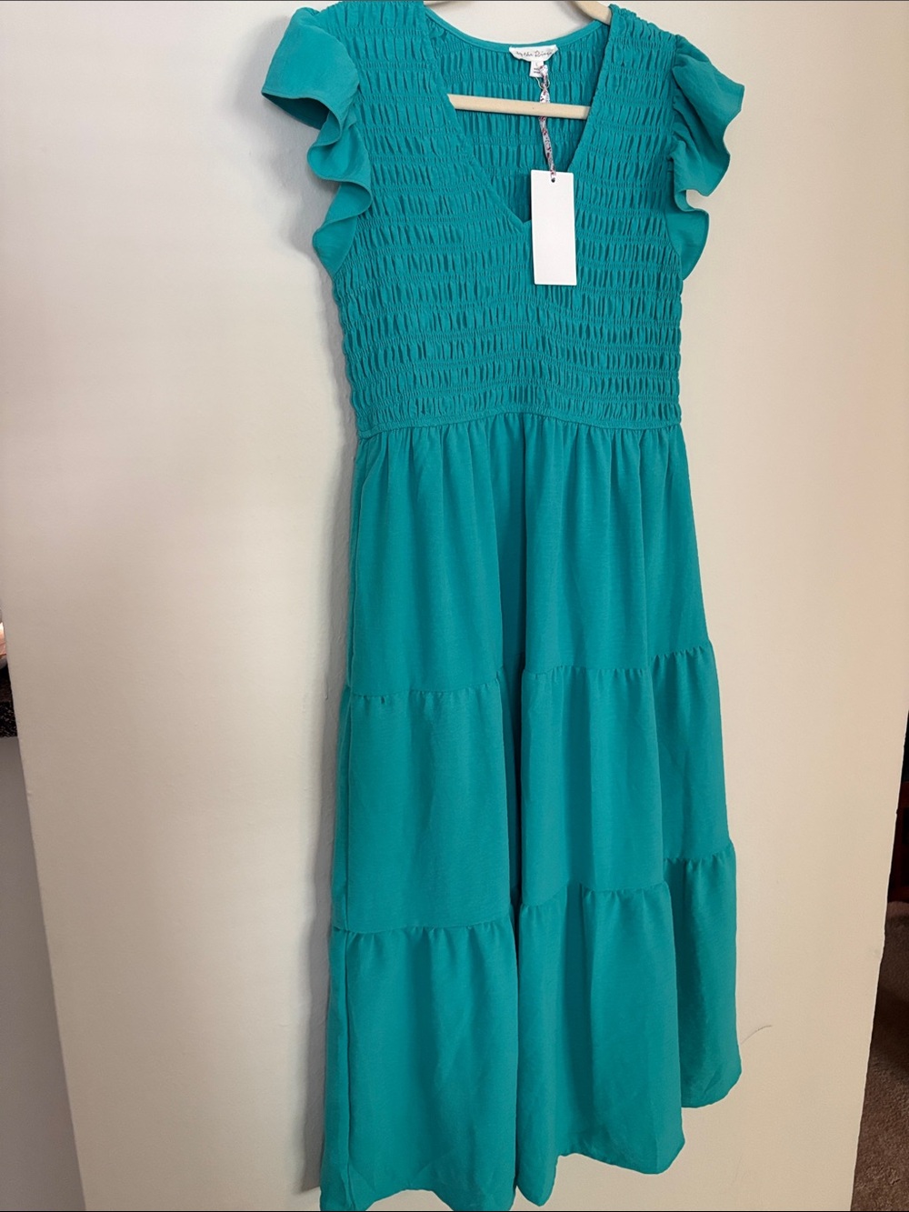 Teal Tiered Smocked Dress with Flutter Sleeves